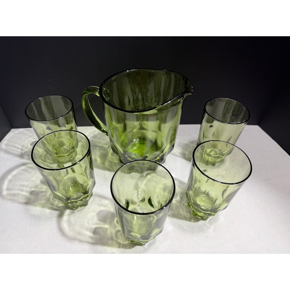 Vintage Hazel Atlas Green Glass Pitcher and 5 Tumbler Set Mid Century Modern